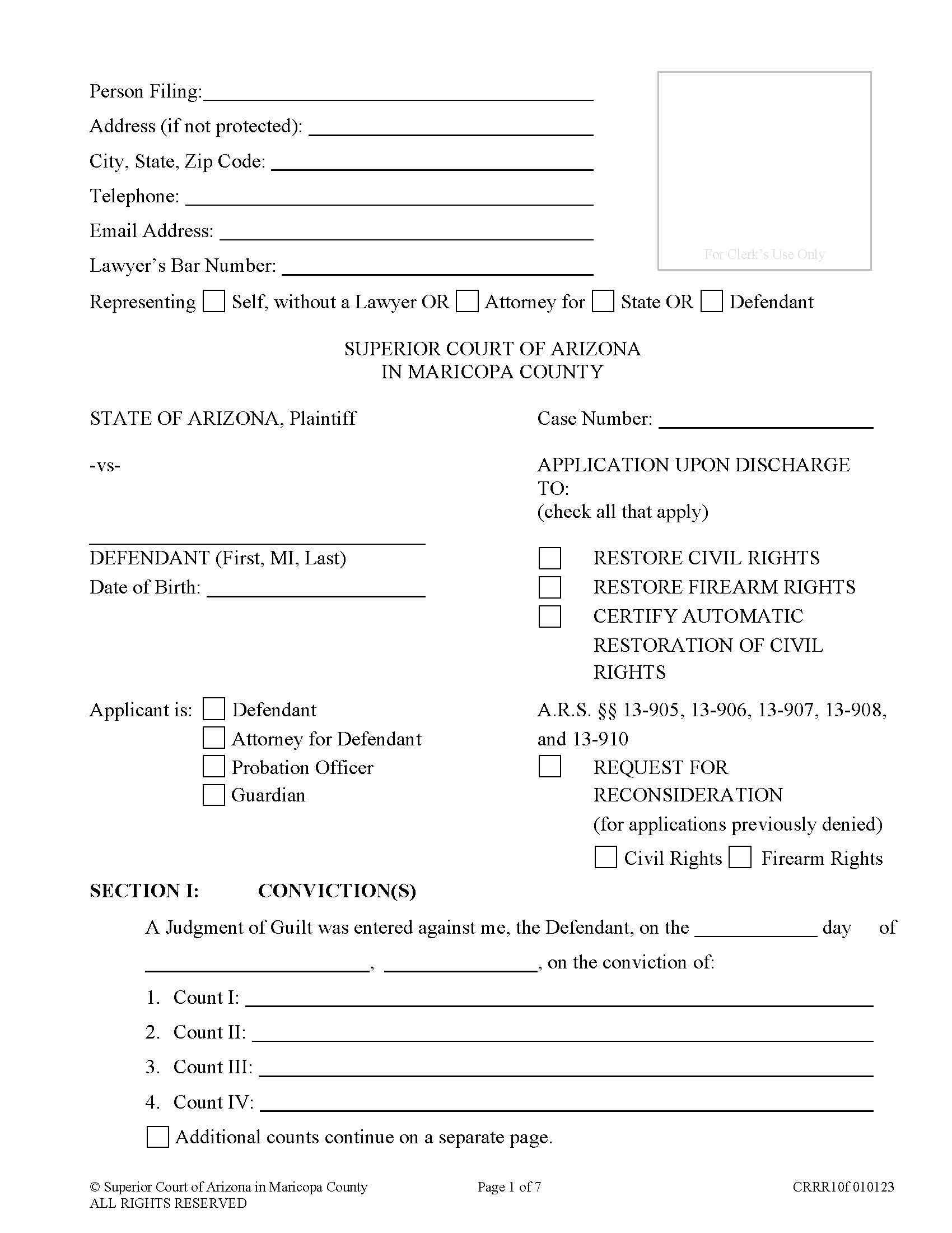 Application Upon Discharge To Restore Civil And Or Gun Rights {CRRR10f} | Pdf Fpdf Docx | Arizona