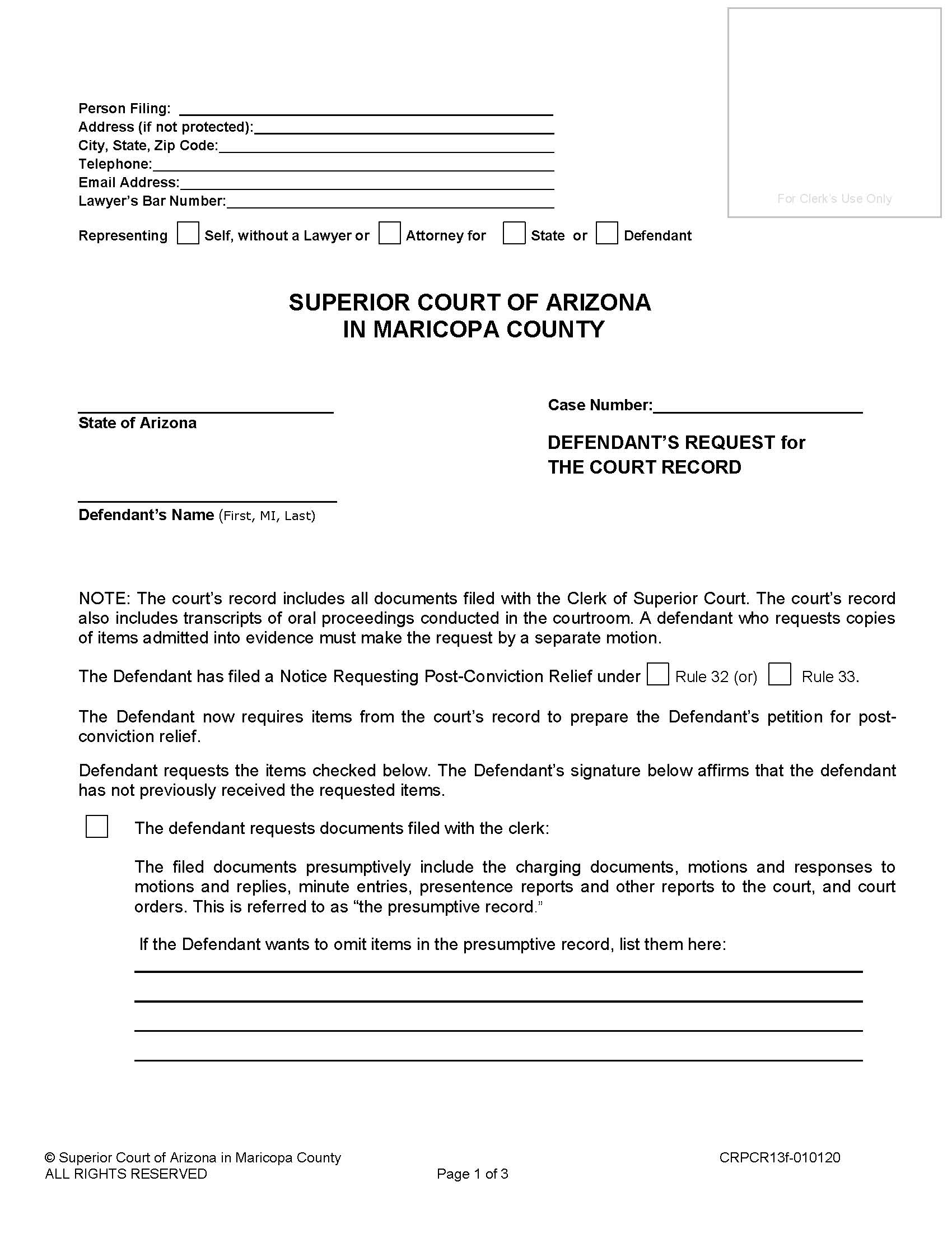 Defendants Request For The Court Record {CRPCR13f} | Pdf Fpdf Doc Docx | Arizona