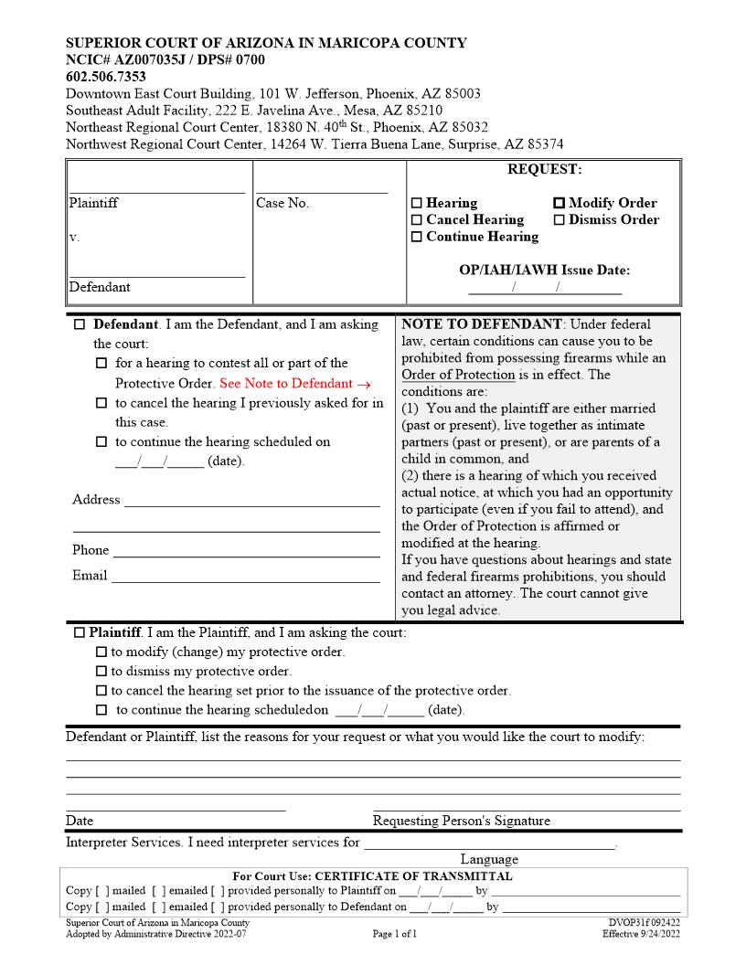 Request Hearing Dismiss Order Cancel Hearing And Order Continuance {DVOP31f} | Pdf Fpdf Doc Docx | Arizona