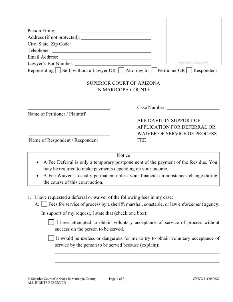 Affidavit In Support Of Application For Deferral Or Waiver Of Service Of Process Fees {GNF21f} | Pdf Fpdf Docx | Arizona