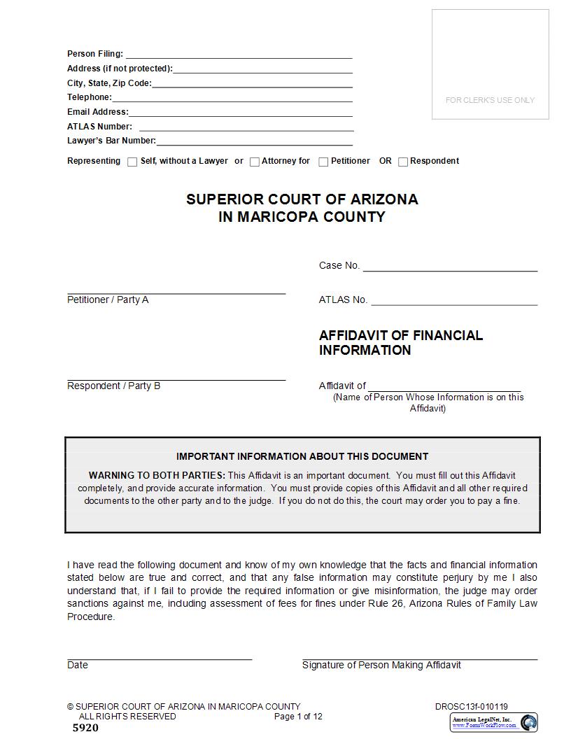 Affidavit Of Financial Information {DROSC13f} | Pdf Fpdf Docx | Arizona