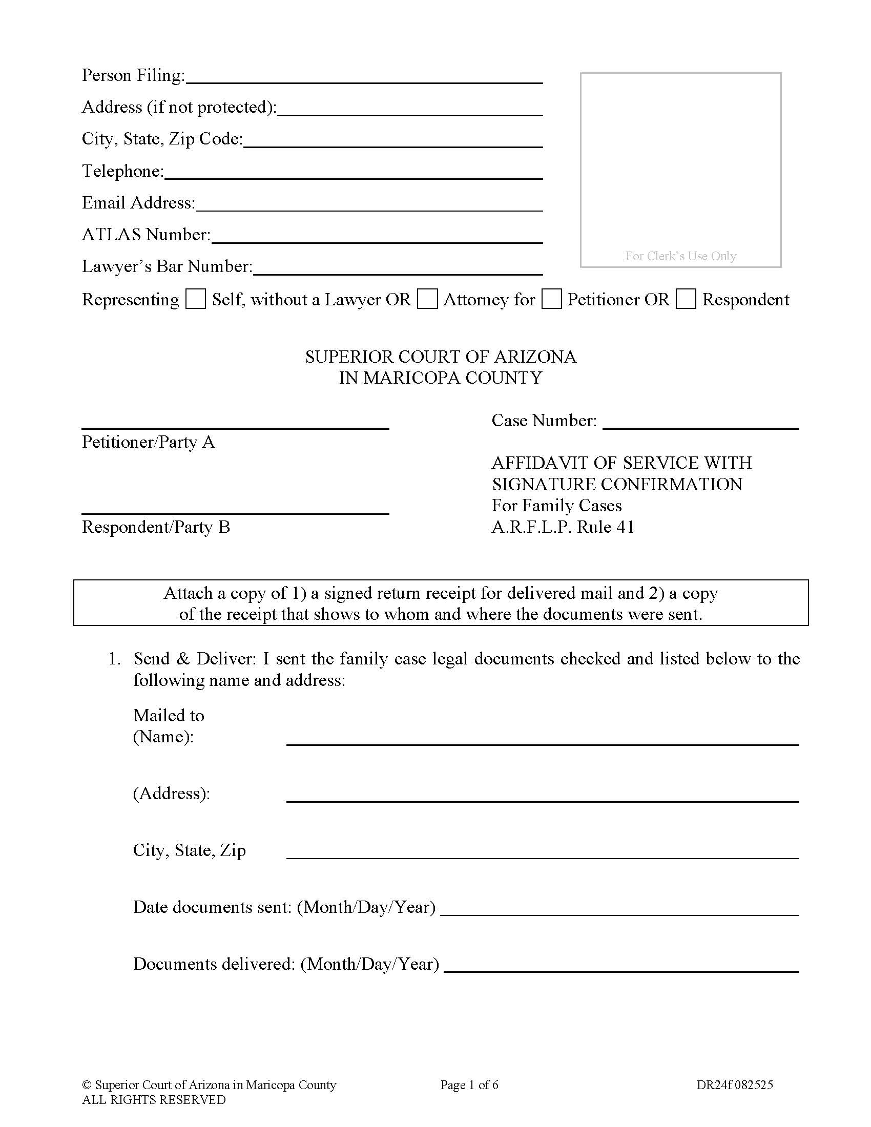 Affidavit Of Service With Signature Confirmation {DR24f} | Pdf Fpdf Docx | Arizona