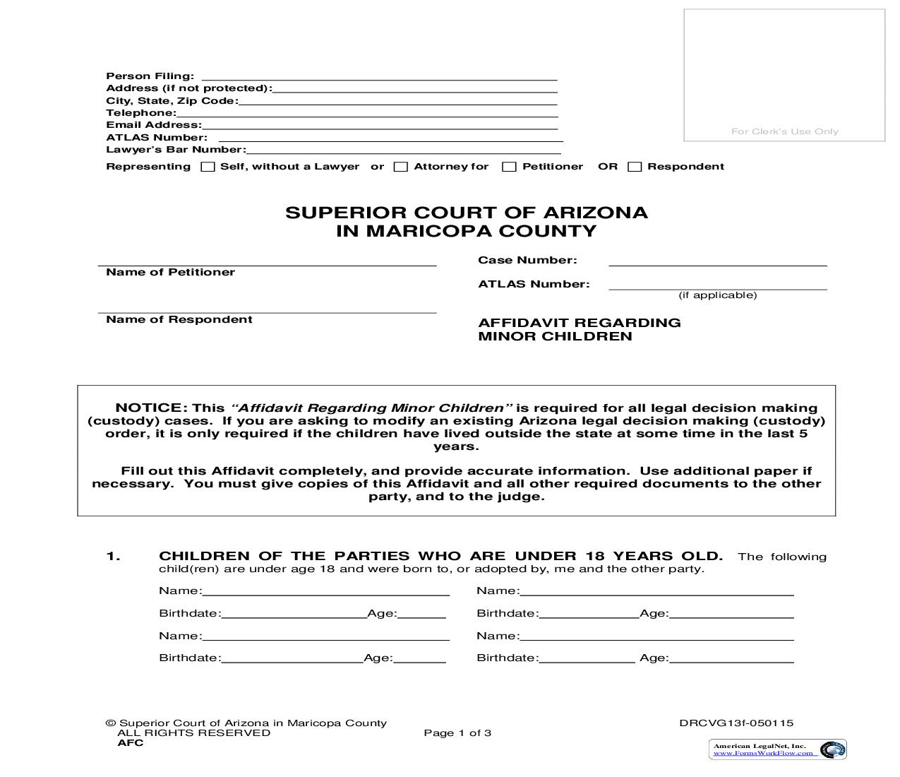 Affidavit Regarding Minor Children {DRCVG13f} | Pdf Fpdf Doc Docx | Arizona