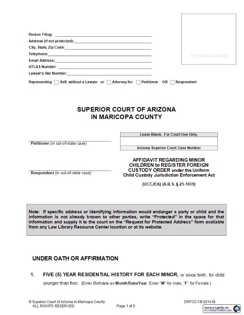 Affidavit Regarding Minor Children To Register Foreign Custody Order {DRFOC13f} | Pdf Fpdf Doc Docx | Arizona