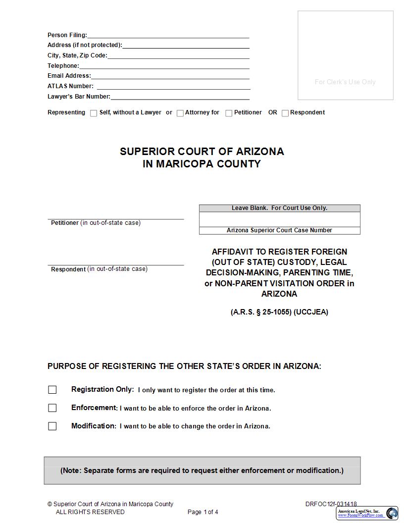 Affidavit To Register A Foreign Custody Order {DRFOC12f} | Pdf Fpdf Doc Docx | Arizona