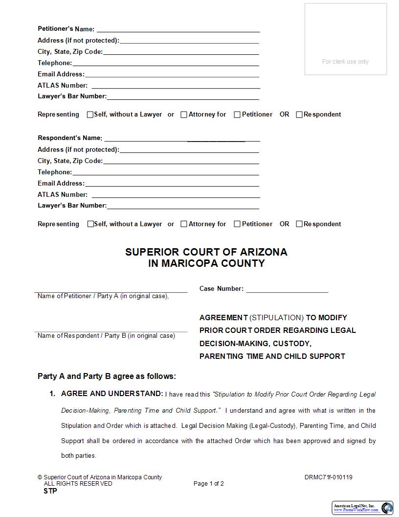 Agreement (Stipulation) To Modify Prior Court Order Regarding Legal Decision Making Custody {DRMC71f} | Pdf Fpdf Doc Docx | Arizona