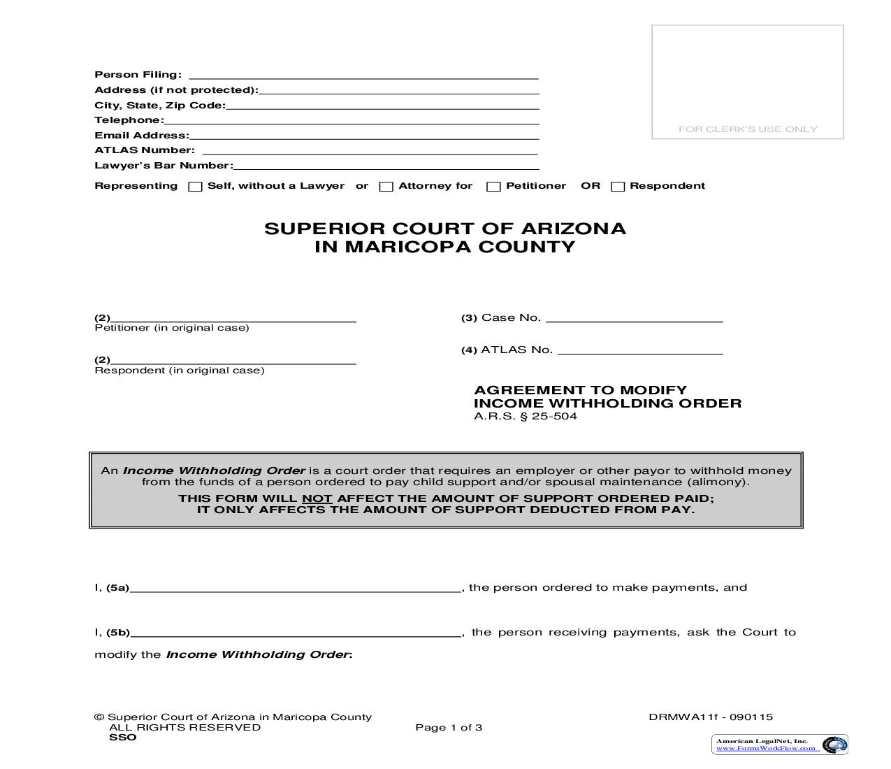 Agreement To Modify Order Of Assignment {DRMWA11f} | Pdf Fpdf Doc Docx | Arizona