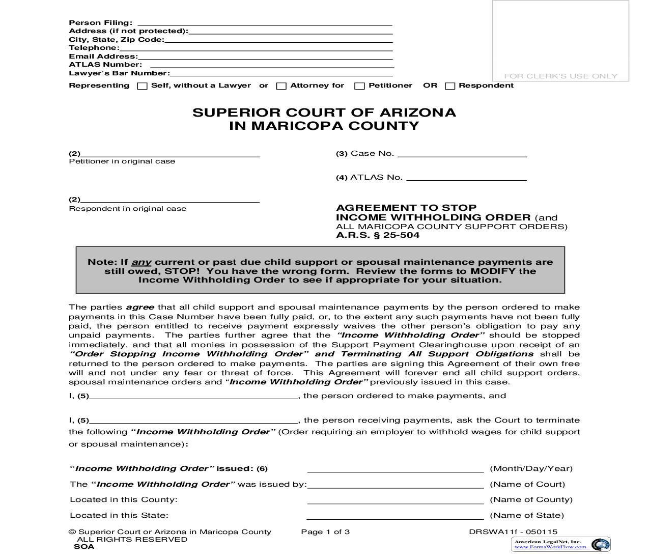 Agreement To Stop Income Withholding Order {DRSWA11f} | Pdf Fpdf Doc Docx | Arizona