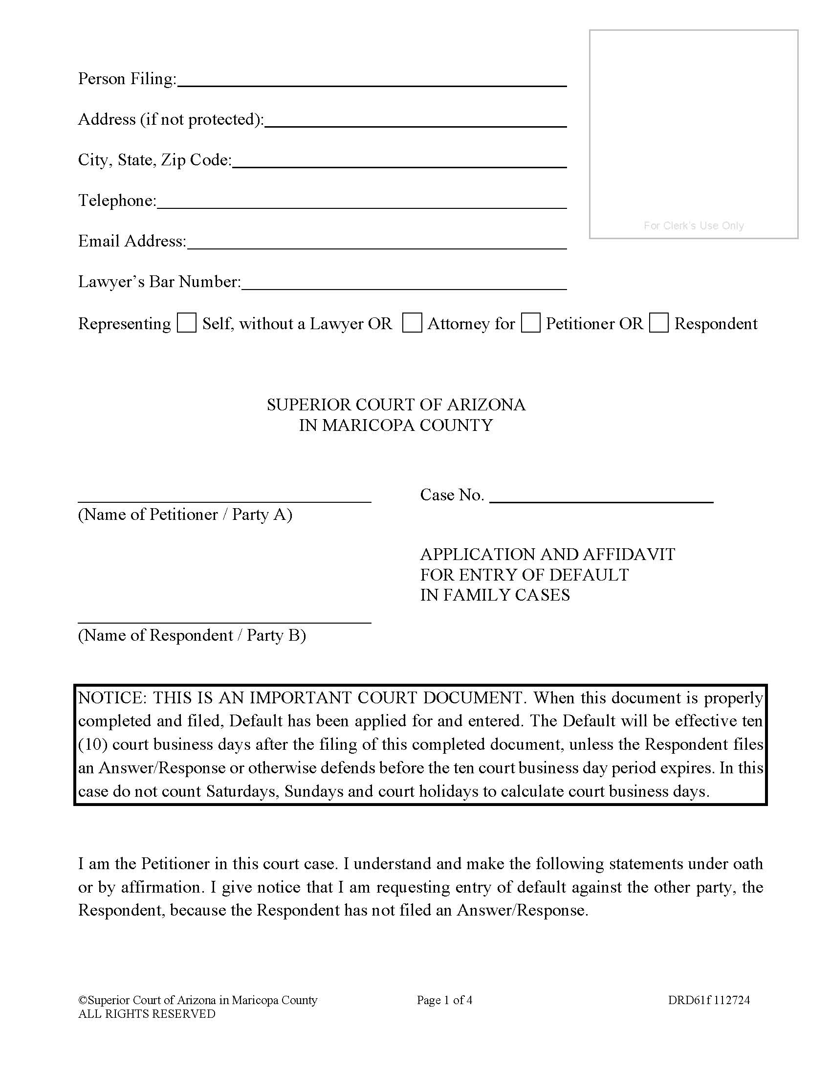 Application And Affidavit For Default In Family Court Cases {DRD61f} | Pdf Fpdf Docx | Arizona