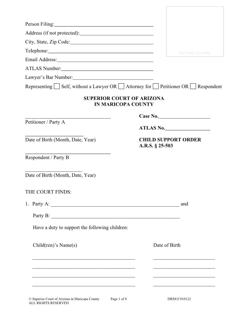 Child Support Order {DRS81f} | Pdf Fpdf Docx | Arizona