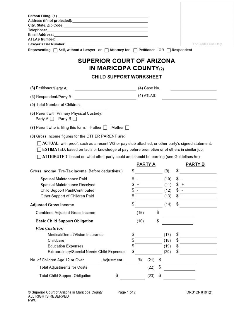 Child Support Worksheet {DRS12f} | Pdf Fpdf Docx | Arizona