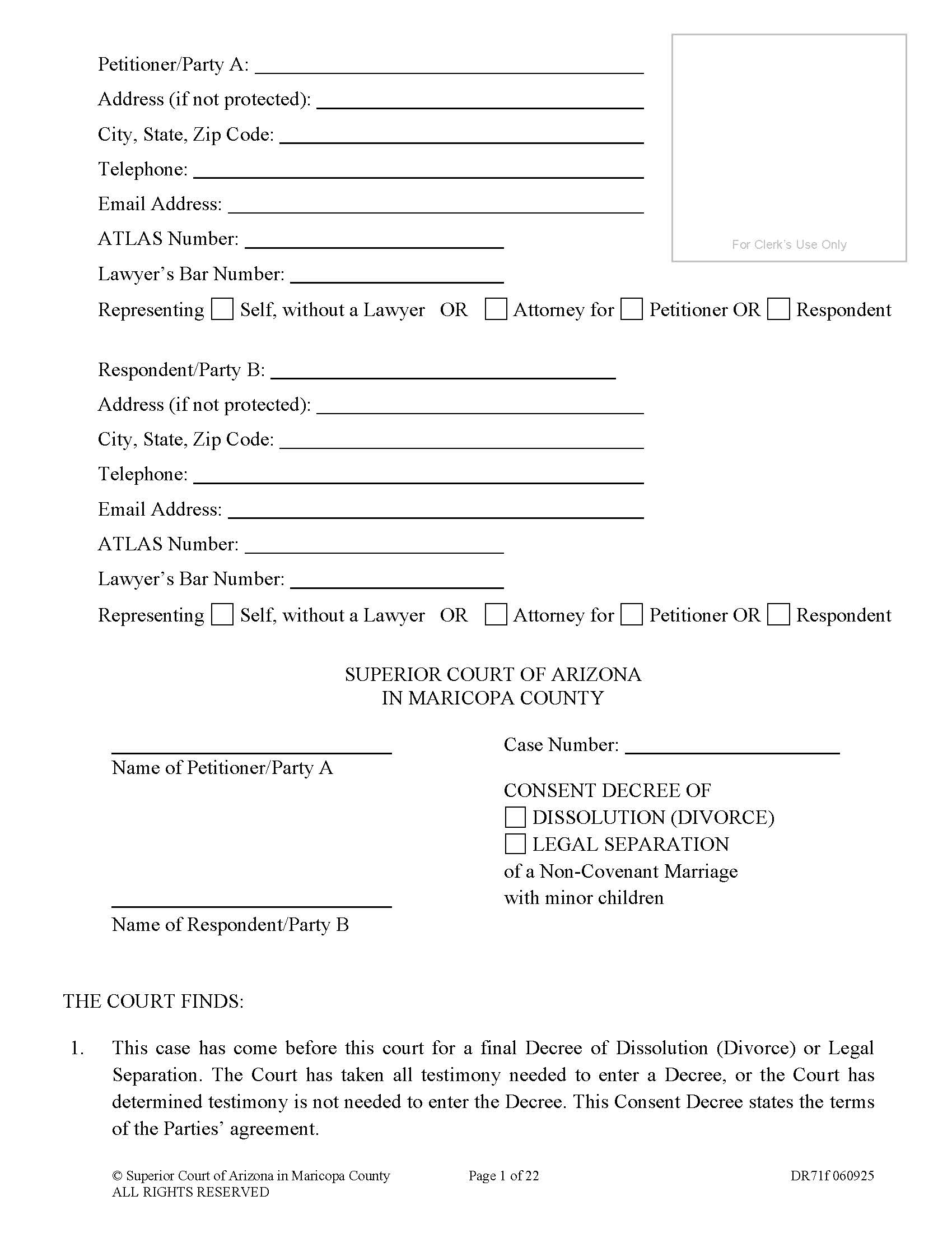 Consent Decree Of Dissolution Of Marriage Or Legal Separation {DR71f} | Pdf Fpdf Docx | Arizona