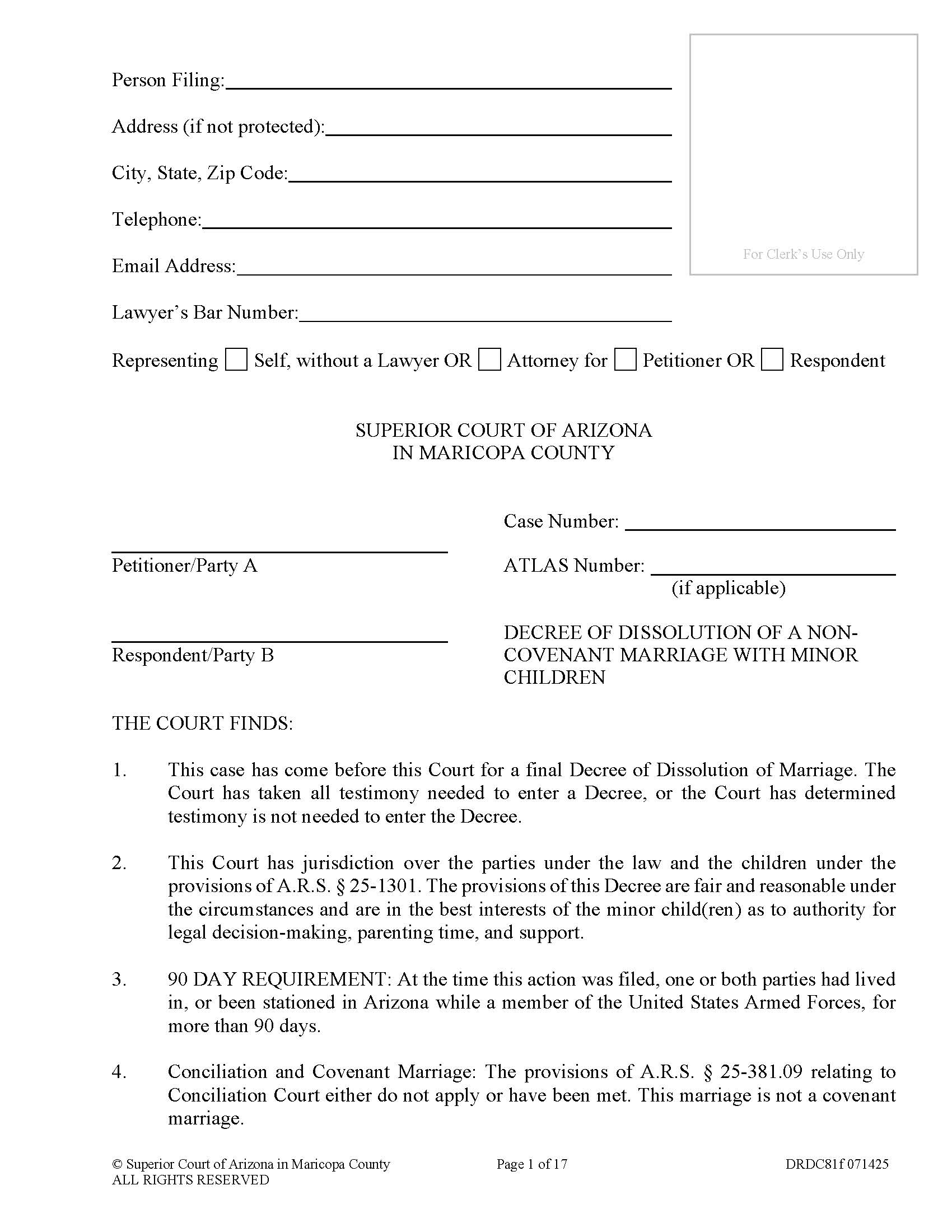 Decree Of Dissolution Of A Non Covenant Marriage Minor Children {DRDC81f} | Pdf Fpdf Docx | Arizona