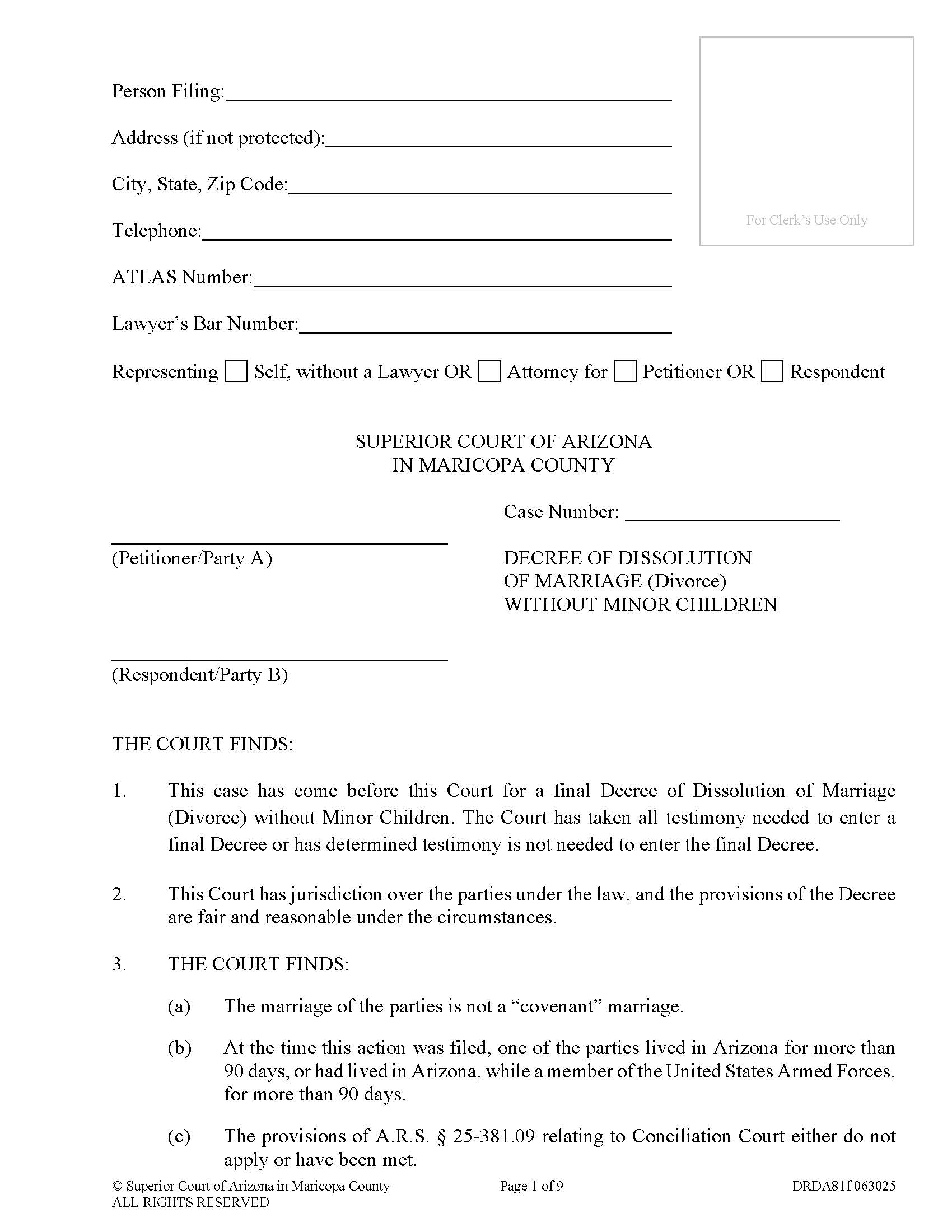 Decree Of Dissolution Of Marriage Without Children {DRDA81f} | Pdf Fpdf Docx | Arizona