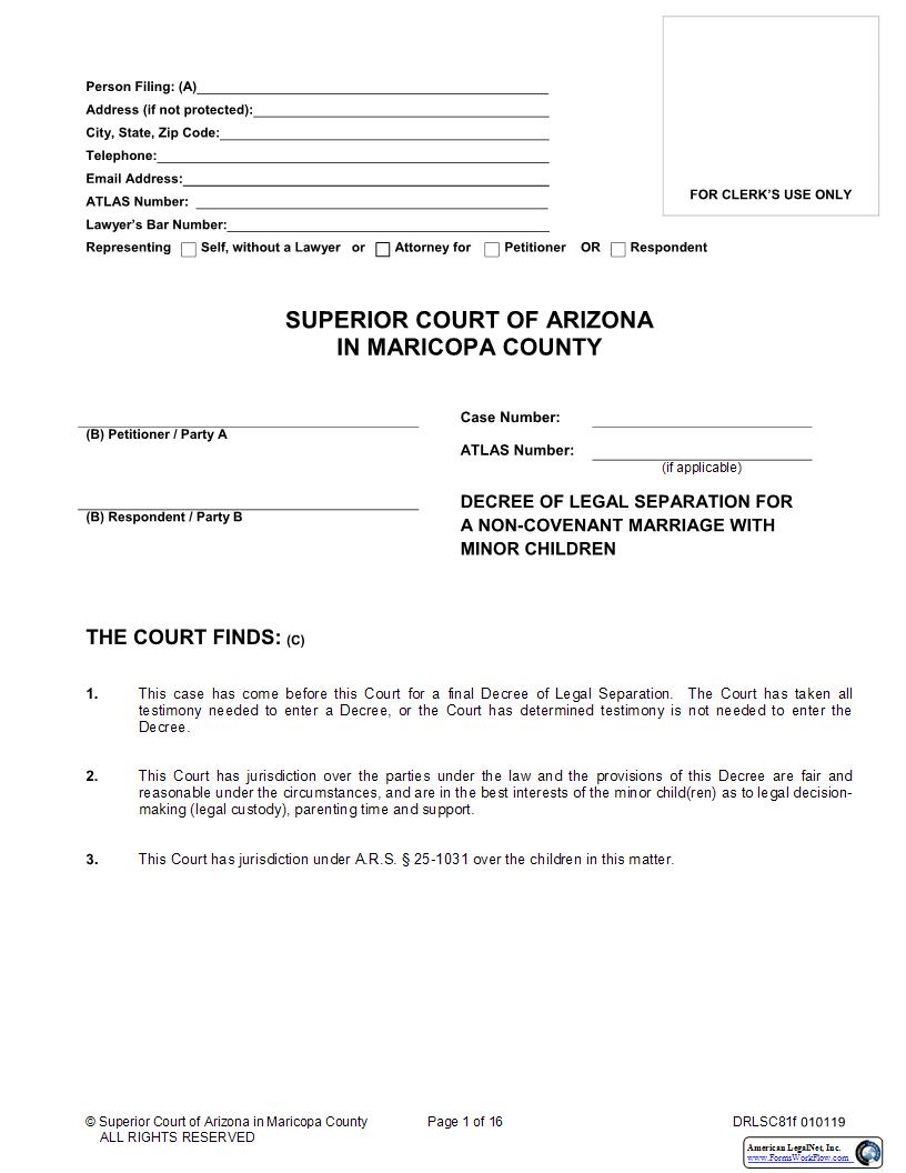 Decree Of Legal Separation For Non Covenant Marriage With Children {DRLSC81f} | Pdf Fpdf Docx | Arizona
