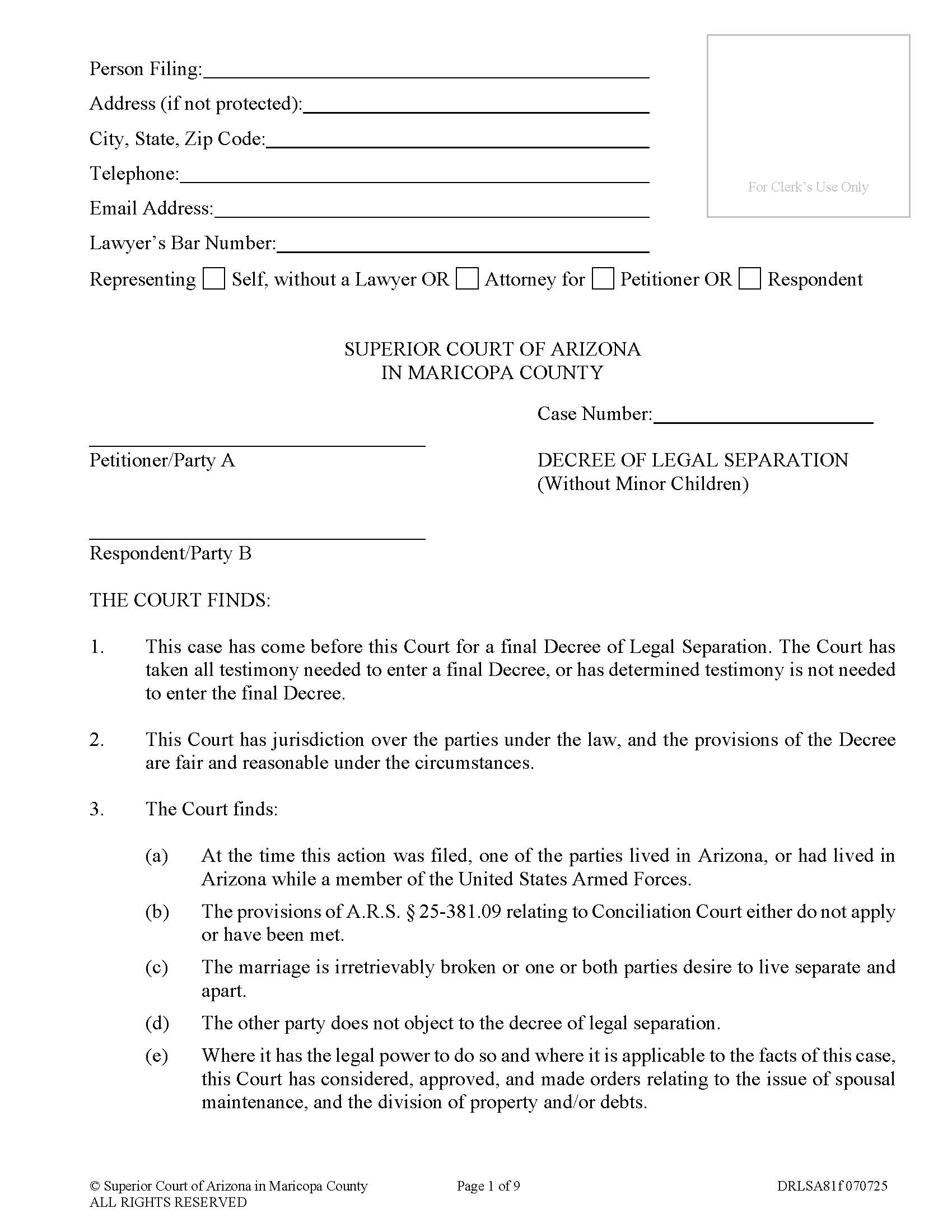 Decree Of Legal Separation Without Children {DRLSA81f} | Pdf Fpdf Doc Docx | Arizona