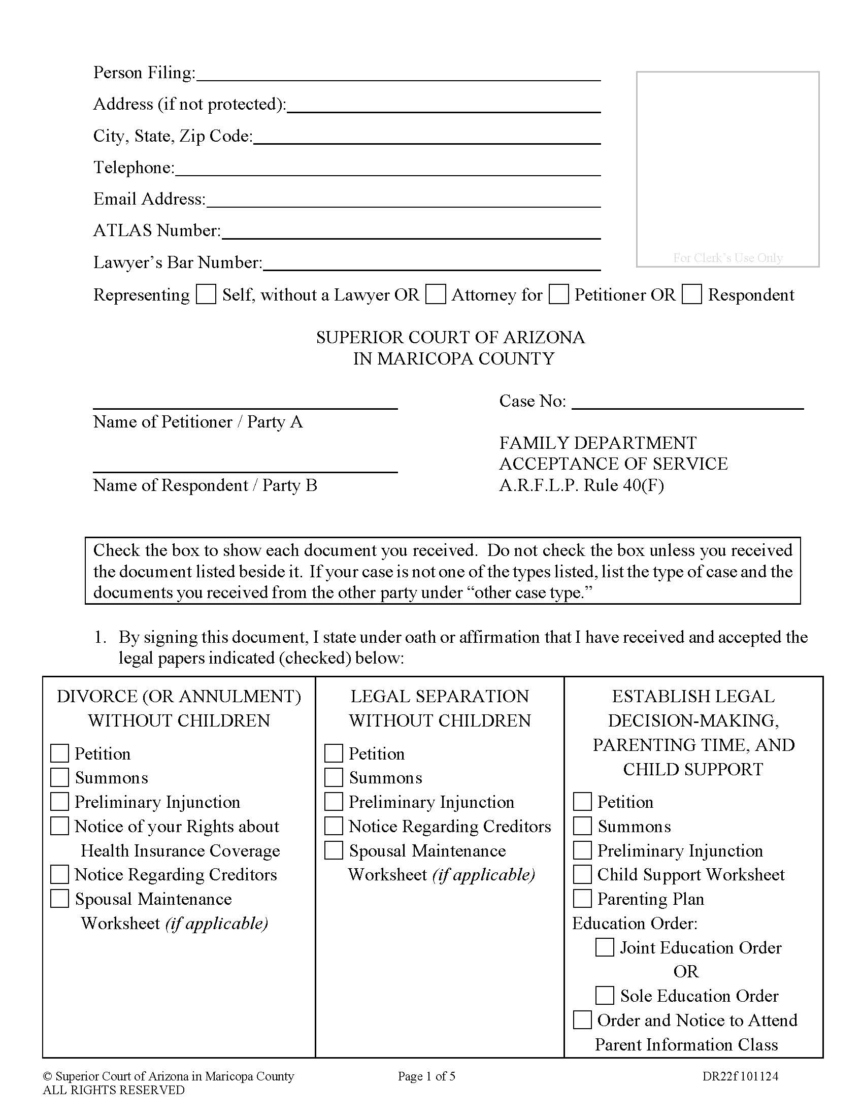 Family Court Acceptance Of Service {DR22f} | Pdf Fpdf Doc Docx | Arizona