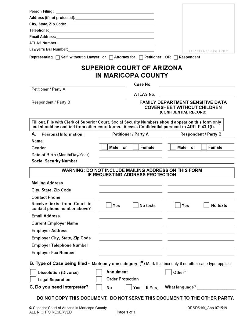 Family Court Sensitive Data Coversheet Without Children {DRSDS10f-a} | Pdf Fpdf Docx | Arizona