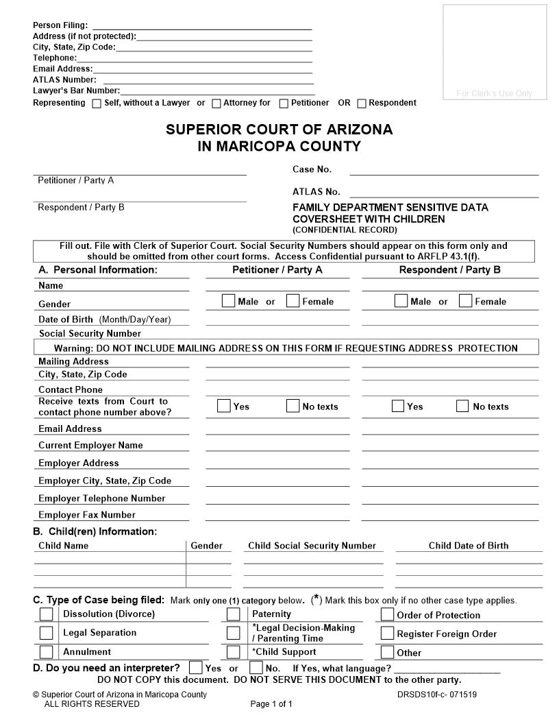 Family Department Sensitive Data Coversheet With Children {DRSDS10f-c} | Pdf Fpdf Docx | Arizona