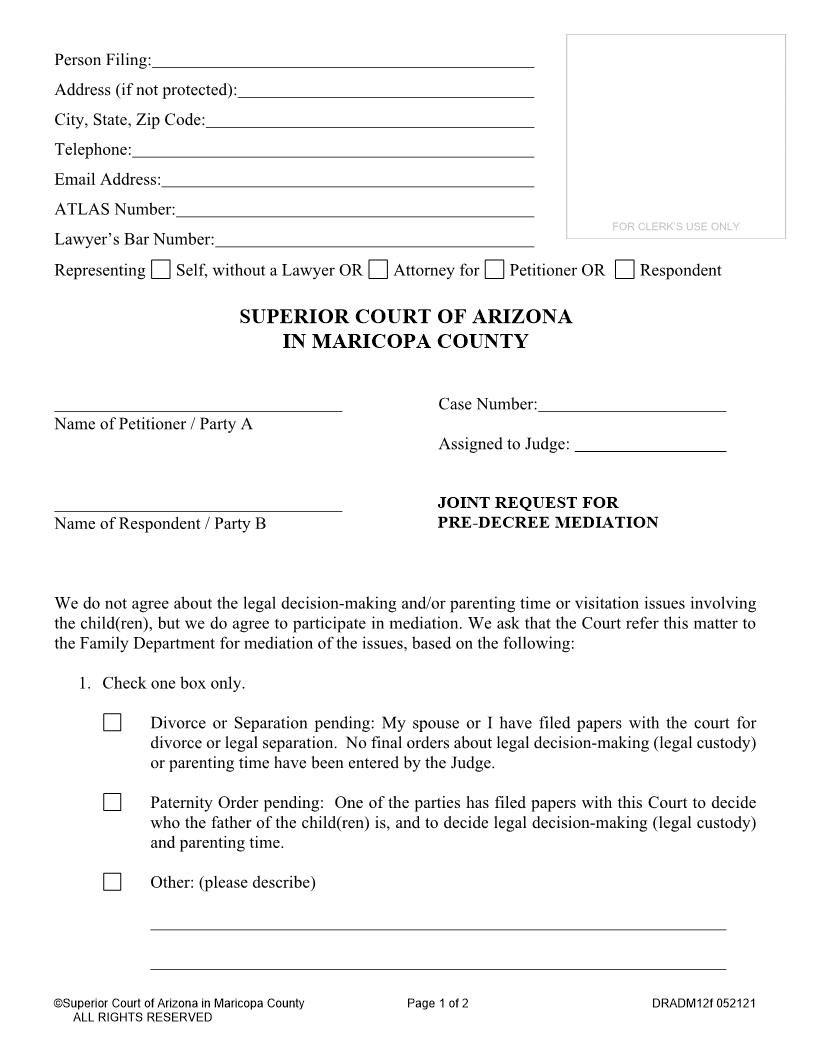 Joint Petition For Pre Decree Mediation {DRADM12f} | Pdf Fpdf Doc Docx | Arizona