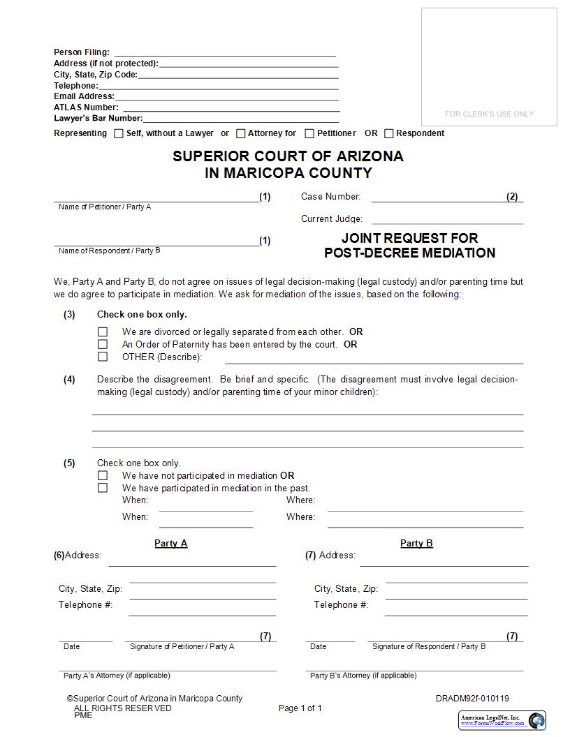 Joint Request For Post Decree Mediation {DRADM92f} | Pdf Fpdf Docx | Arizona