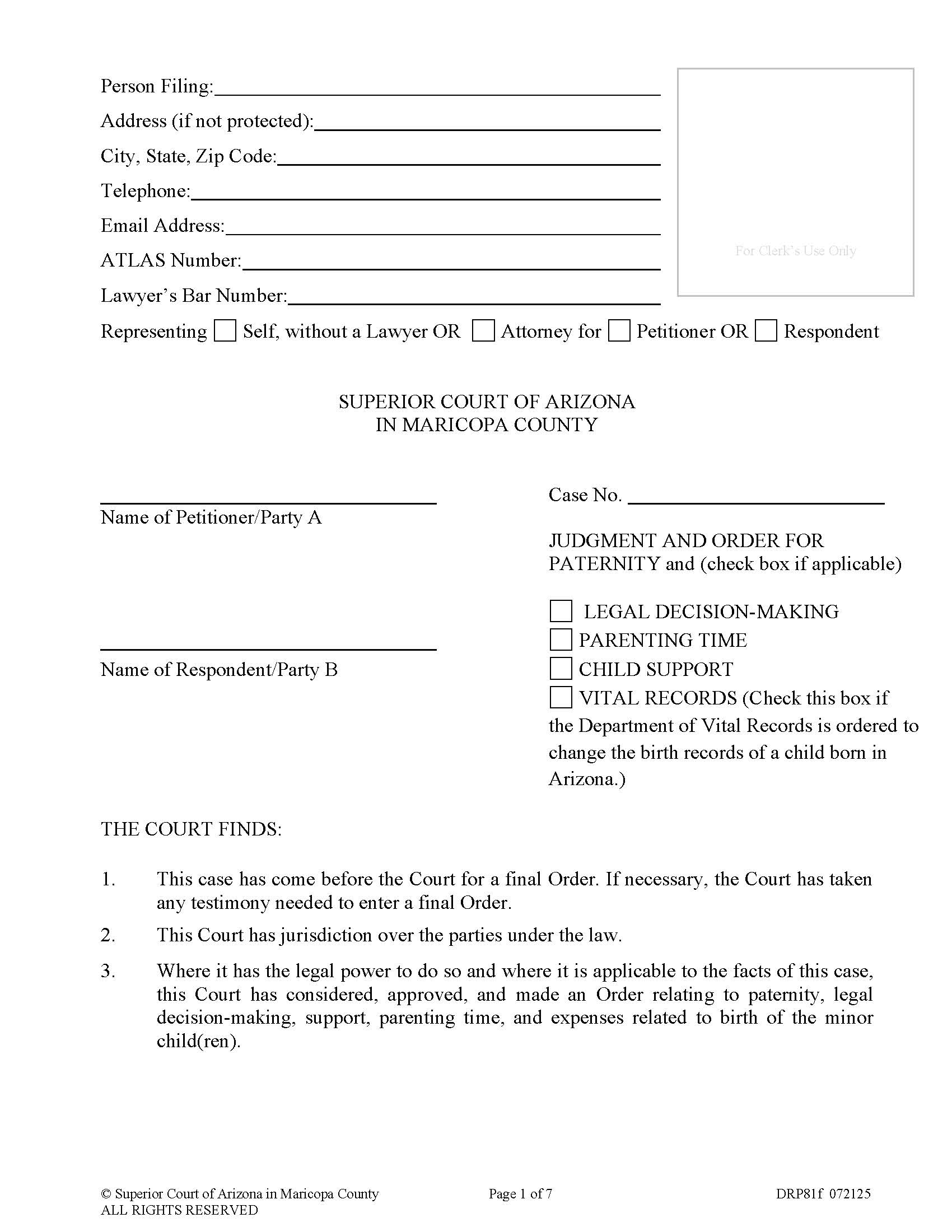 Judgment And Order For Paternity And Child Support Child Custody Parenting Time {DRP81f} | Pdf Fpdf Docx | Arizona