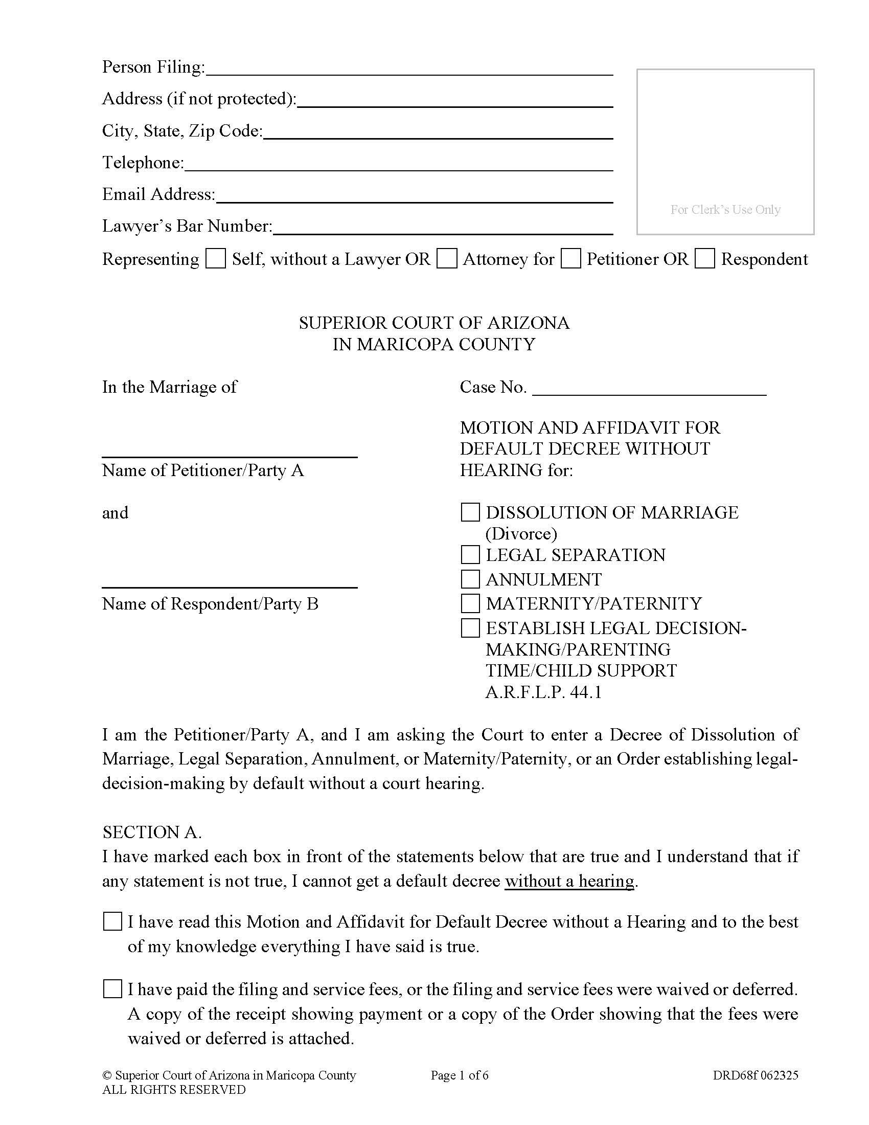 Motion And Affidavit For Default Decree Without Court Hearing {DRD68f} | Pdf Fpdf Docx | Arizona