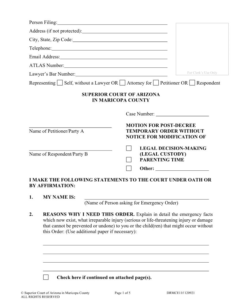Motion For Post Decree Temporary Order Without Notice For Modification {DRMCE11f} | Pdf Fpdf Doc Docx | Arizona