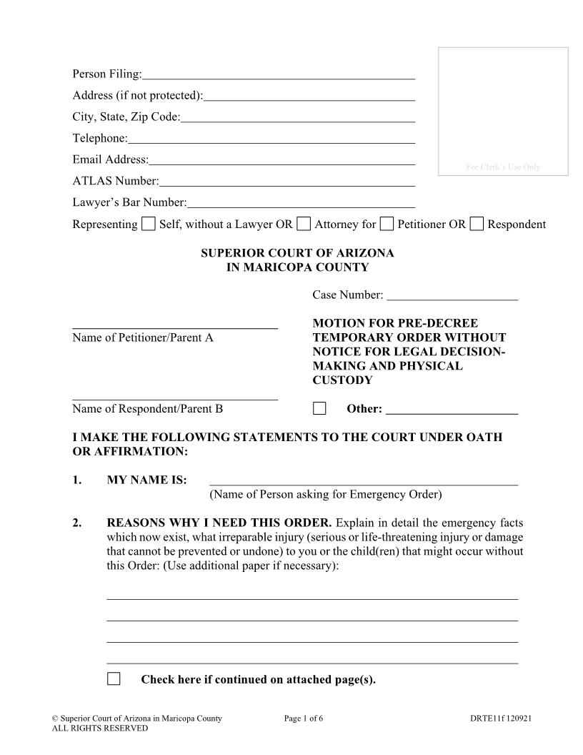 Motion For Pre-Decree Temporary Order Without Notice For Legal Decision Making And Physical Custody {DRTE11f} | Pdf Fpdf Doc Docx | Arizona