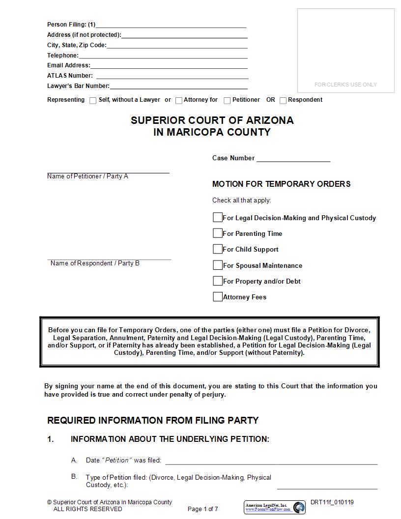 Motion For Temporary Orders For Child Custody Parenting Time Child Support Or Other {DRT11f} | Pdf Fpdf Docx | Arizona