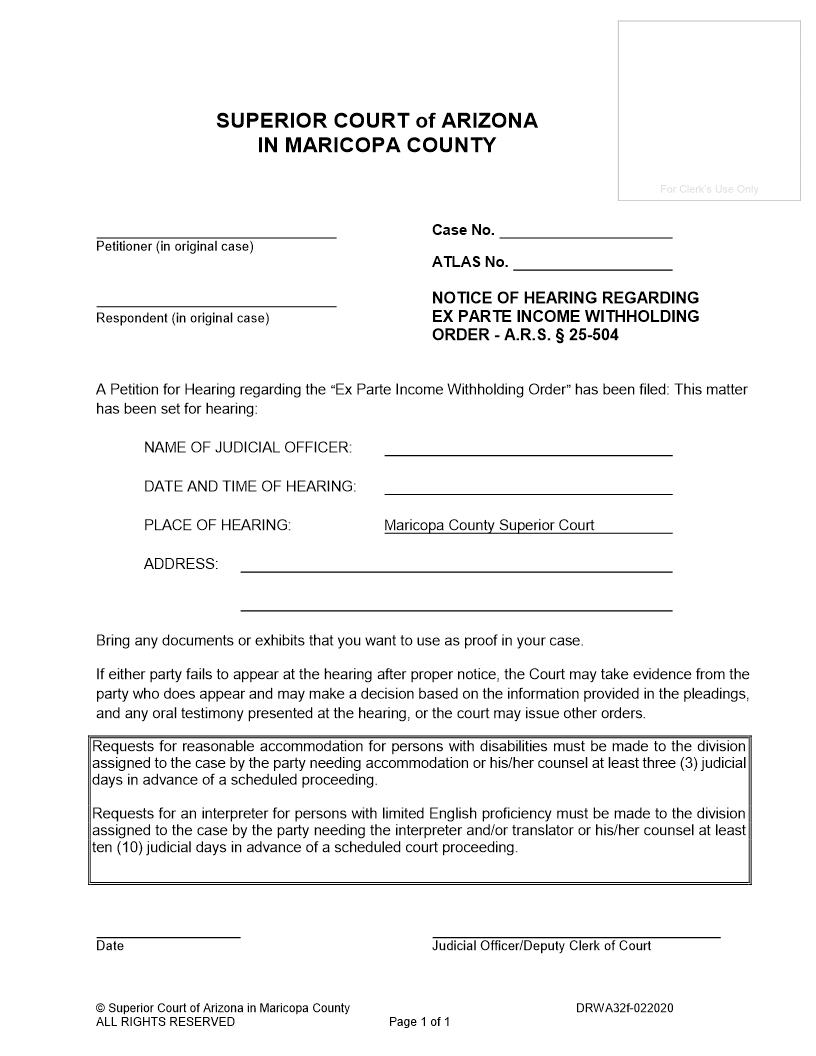 Notice Of Hearing Regarding Ex Parte Income Withholding Order {DRWA32f} | Pdf Fpdf Doc Docx | Arizona