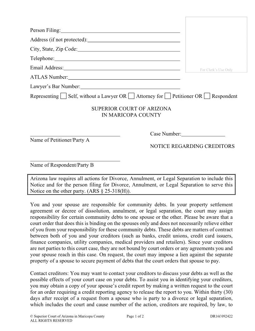 Notice Regarding Creditors And Request For Account Information From Creditors {DR16f} | Pdf Fpdf Doc Docx | Arizona