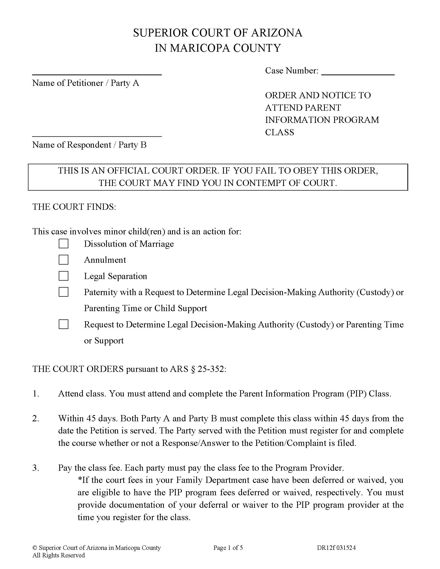 Order And Notice To Attend Parent Information Program Class {DR12f} | Pdf Fpdf Doc Docx | Arizona