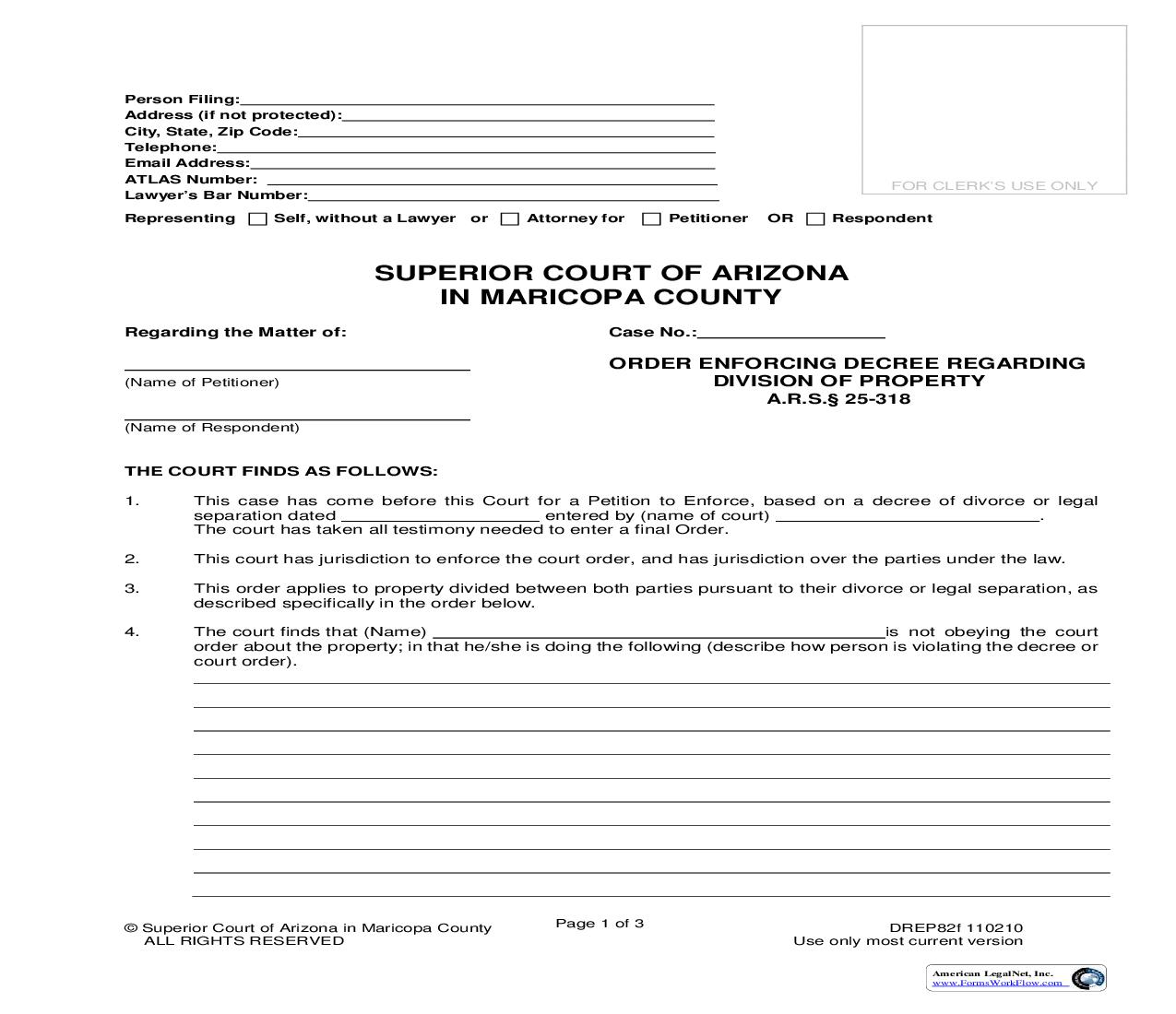 Order Enforcing Decree Regarding Division Of Property {DREP82f} | Pdf Fpdf Doc Docx | Arizona