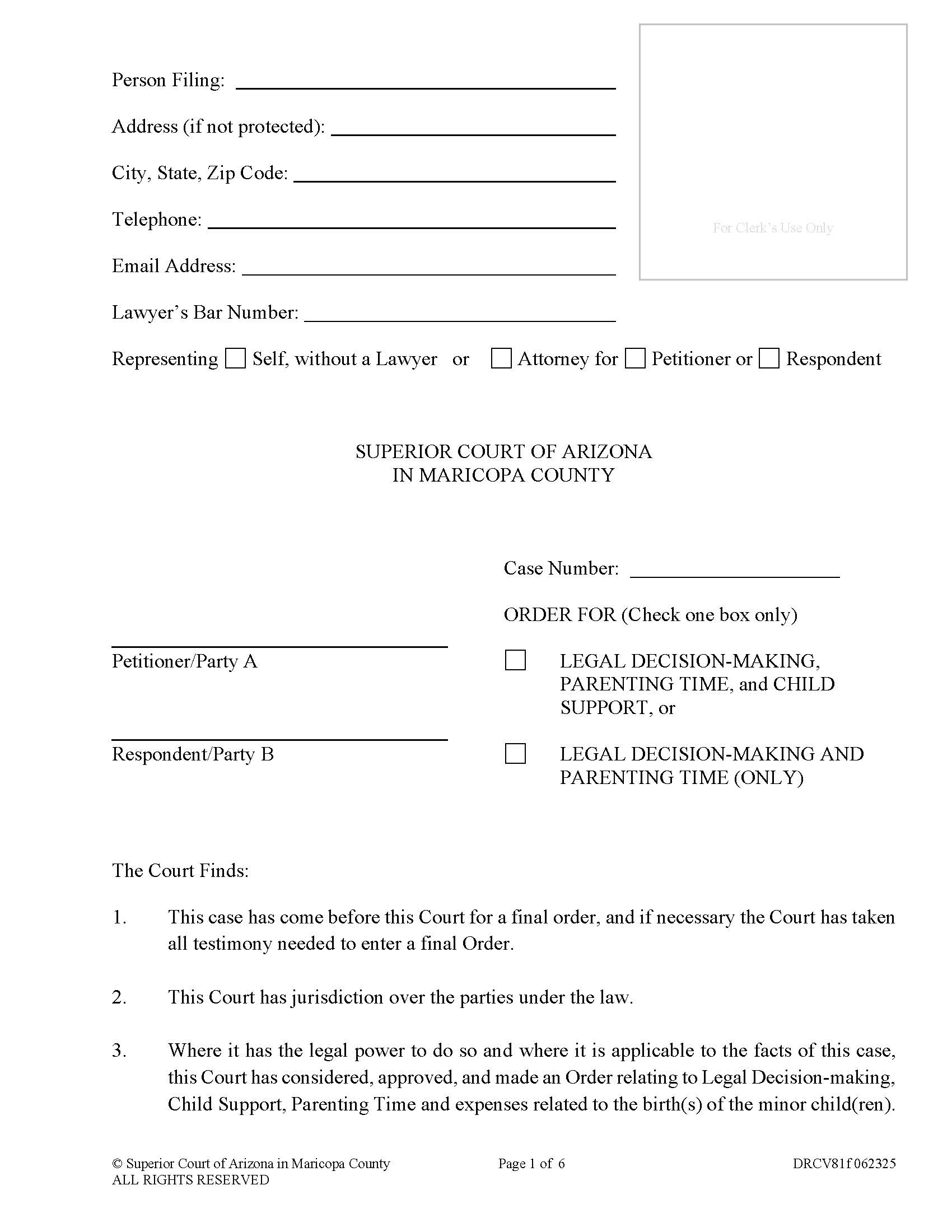 Order For Custody Parenting Time And Support {DRCV81f} | Pdf Fpdf Docx | Arizona