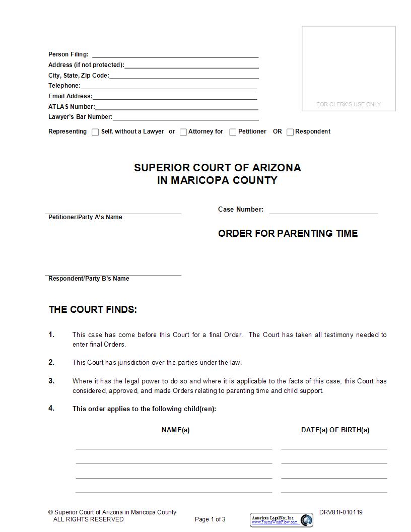 Order For Parenting Time {DRV81f} | Pdf Fpdf Docx | Arizona