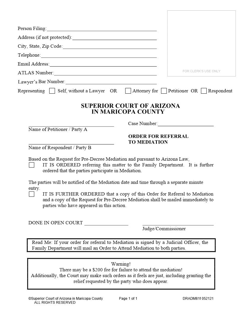 Order For Referral To Mediation {DRADM81f} | Pdf Fpdf Doc Docx | Arizona