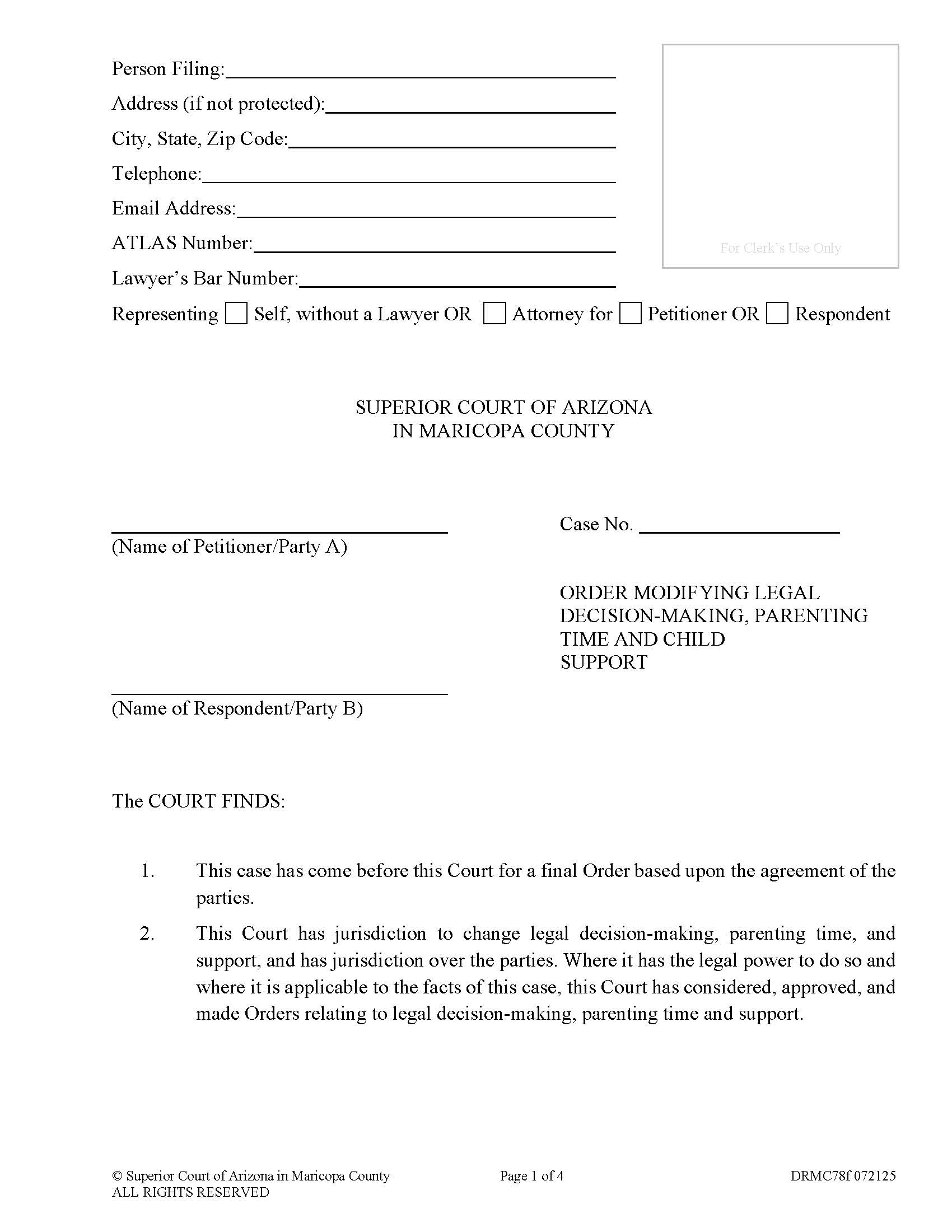 Order Modifying Legal Decision Making {DRMC78f} | Pdf Fpdf Doc Docx | Arizona