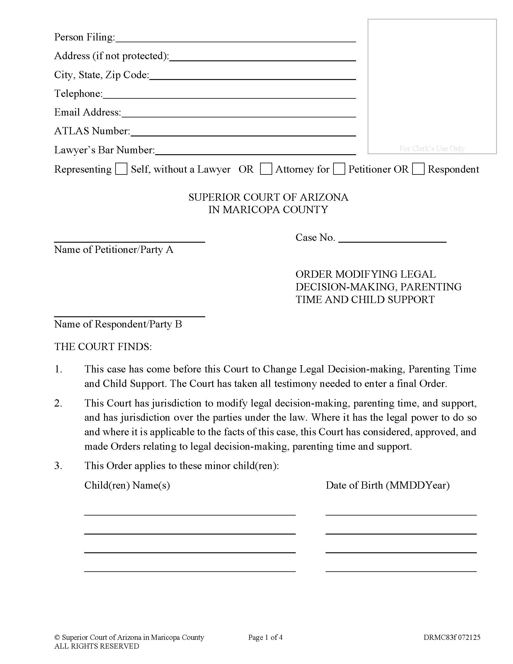 Order Modifying Legal Decision Making Parenting Time {DRMC83f} | Pdf Fpdf Doc Docx | Arizona