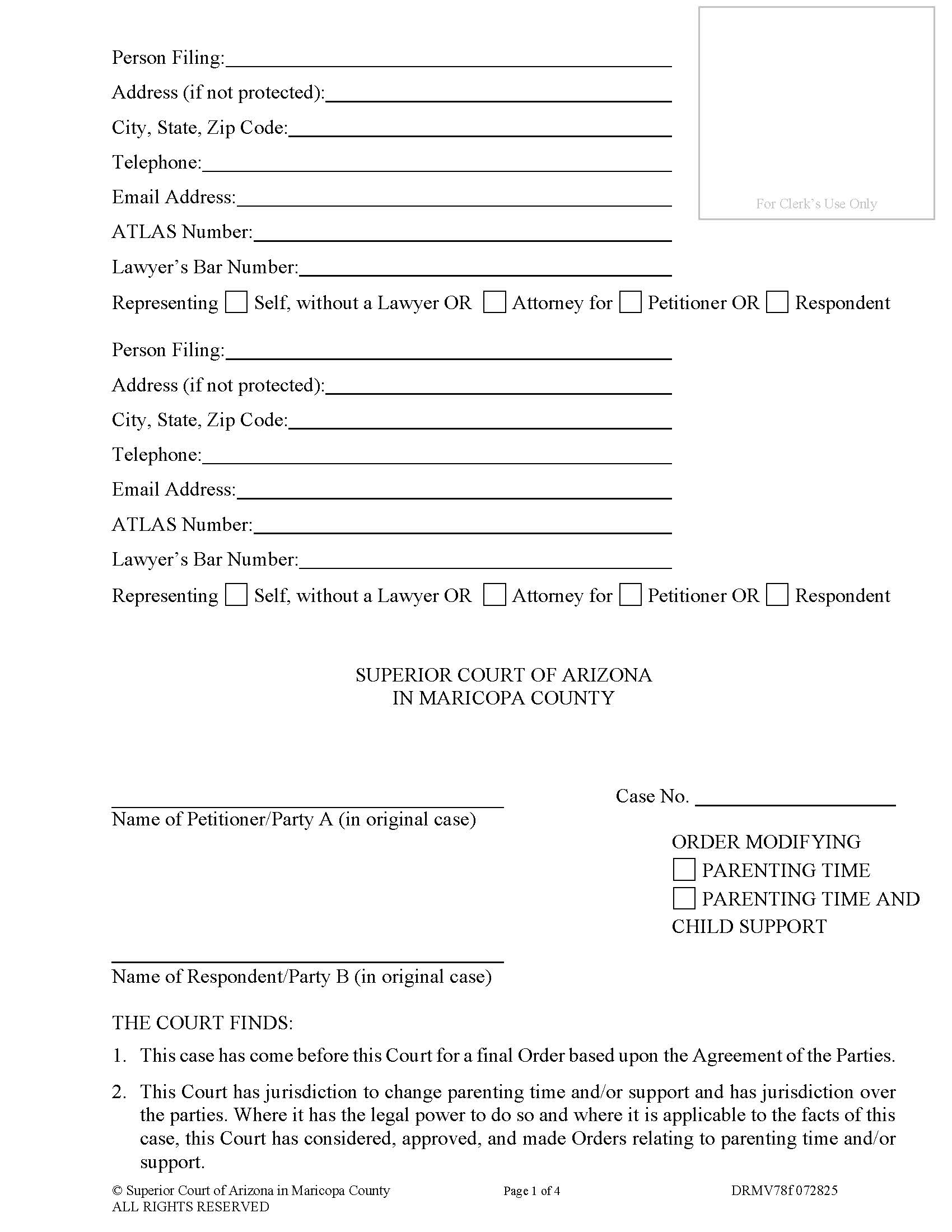 Order Modifying Parenting Time And Or Child Support {DRMV78f} | Pdf Fpdf Doc Docx | Arizona