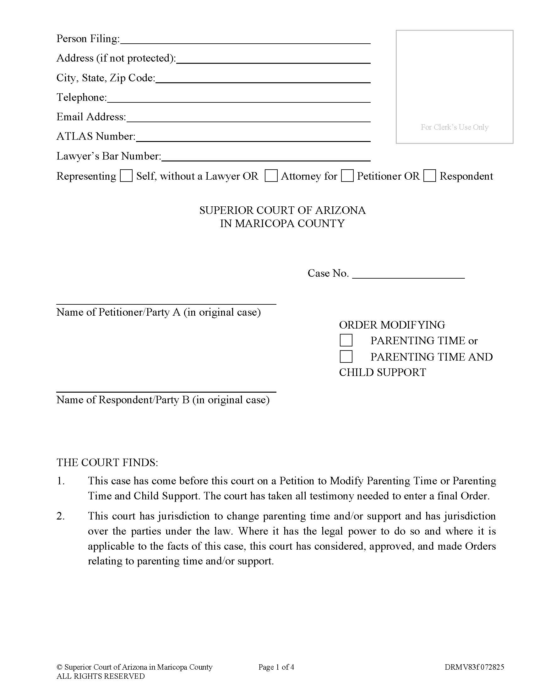 Order Modifying Parenting Time And Support {DRMV83f} | Pdf Fpdf Doc Docx | Arizona