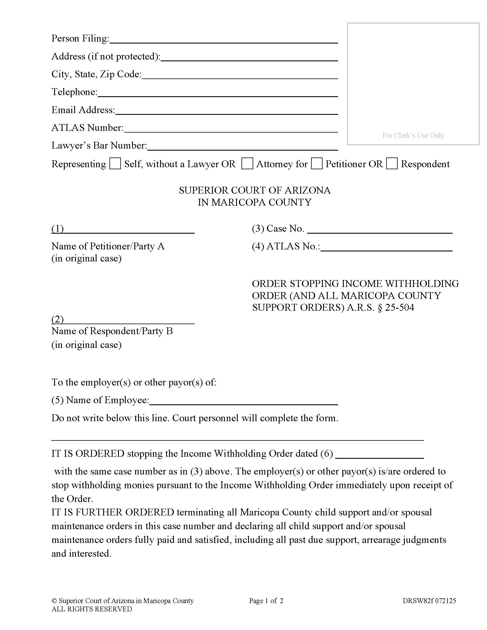 Order Stopping Income Withholding Order {DRSW82f} | Pdf Fpdf Doc Docx | Arizona