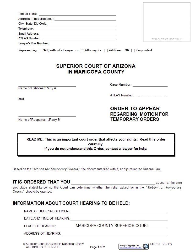 Order To Appear Regarding Motion For Temporary Orders {DRT12f} | Pdf Fpdf Docx | Arizona