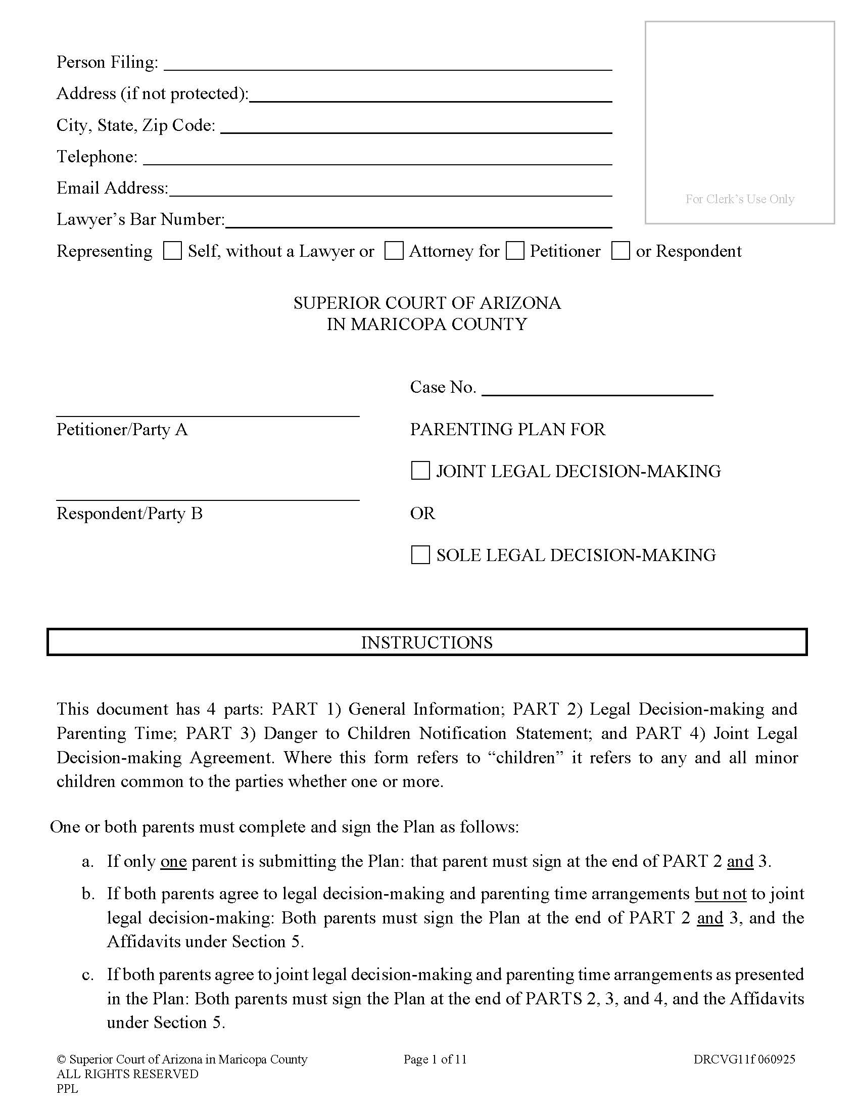 Parenting Plan For Joint Custody With Joint Custody Agreement Or Sole Custody {DRCVG11f} | Pdf Fpdf Docx | Arizona