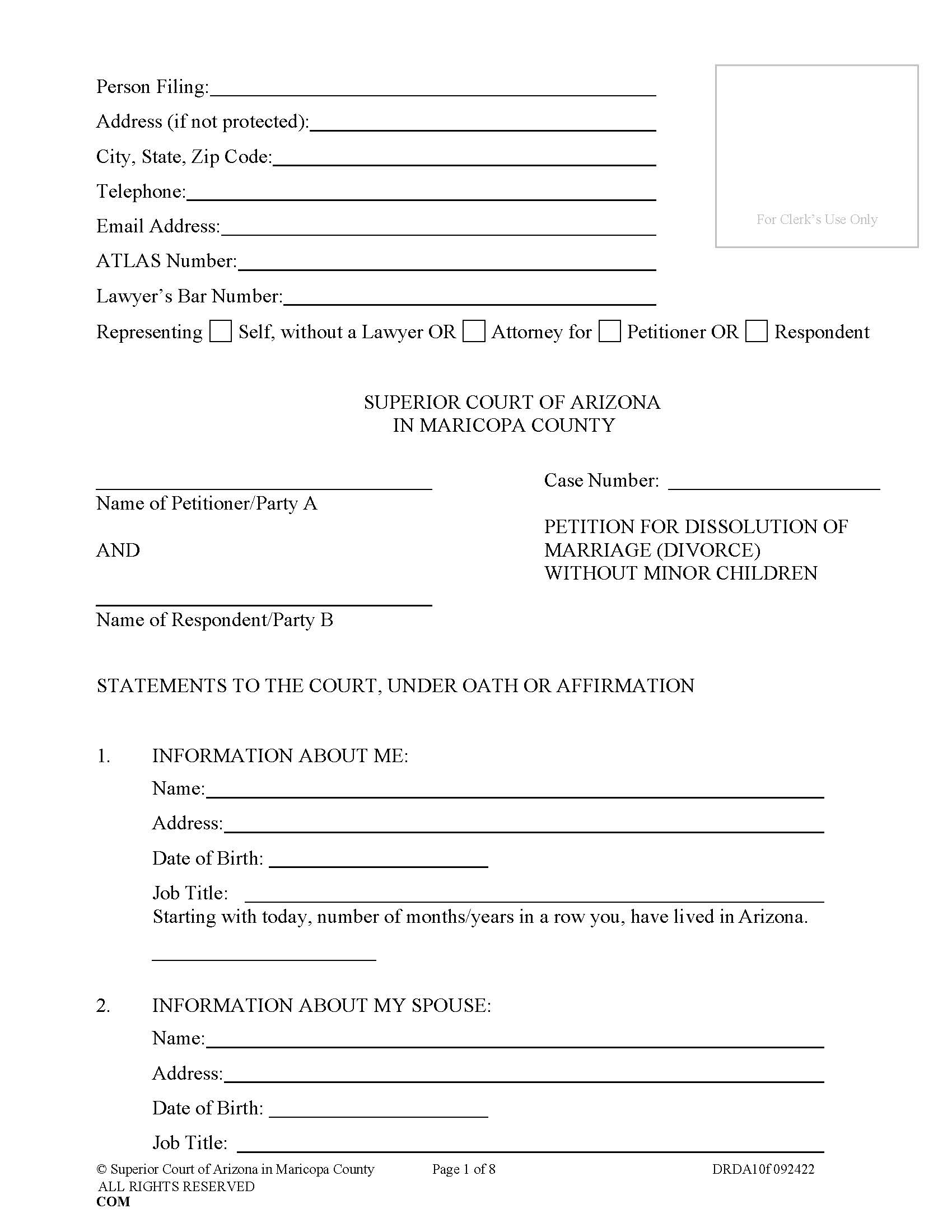 Petition For Dissolution Of Non Covenant Marriage Without Children {DRDA10f} | Pdf Fpdf Docx | Arizona