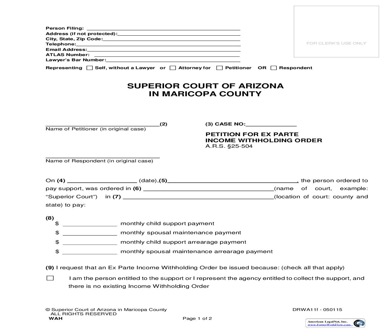 Petition For Ex Parte Income Withholding Order {DRWA11f} | Pdf Fpdf Doc Docx | Arizona