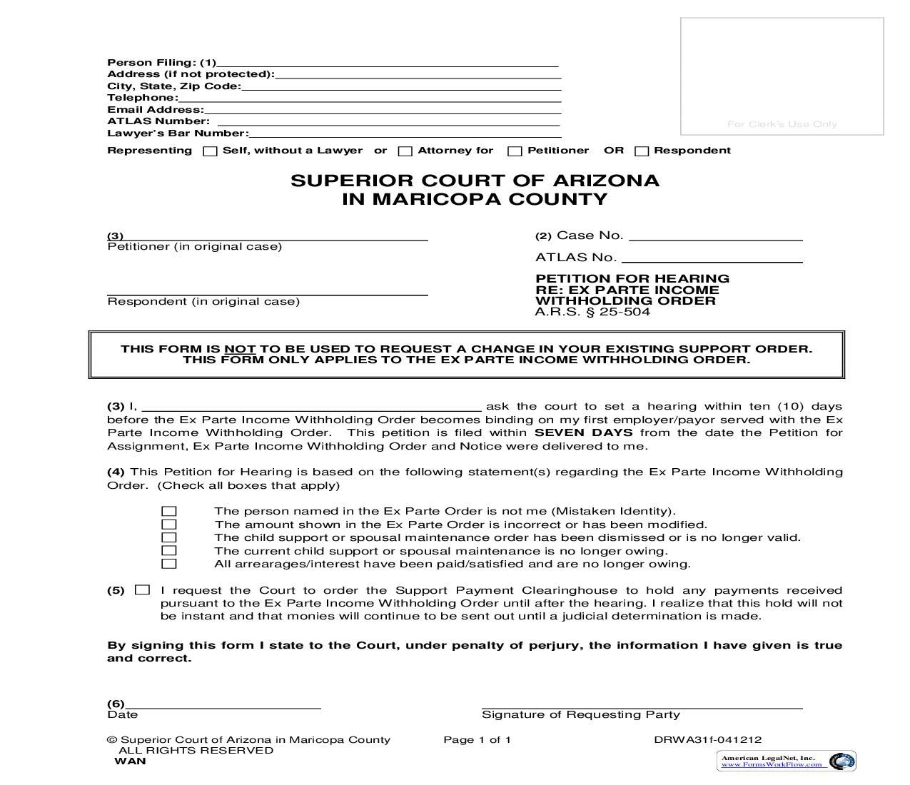 Petition For Hearing Re Ex Parte Income Withholding Order {DRWA31f} | Pdf Fpdf Doc Docx | Arizona