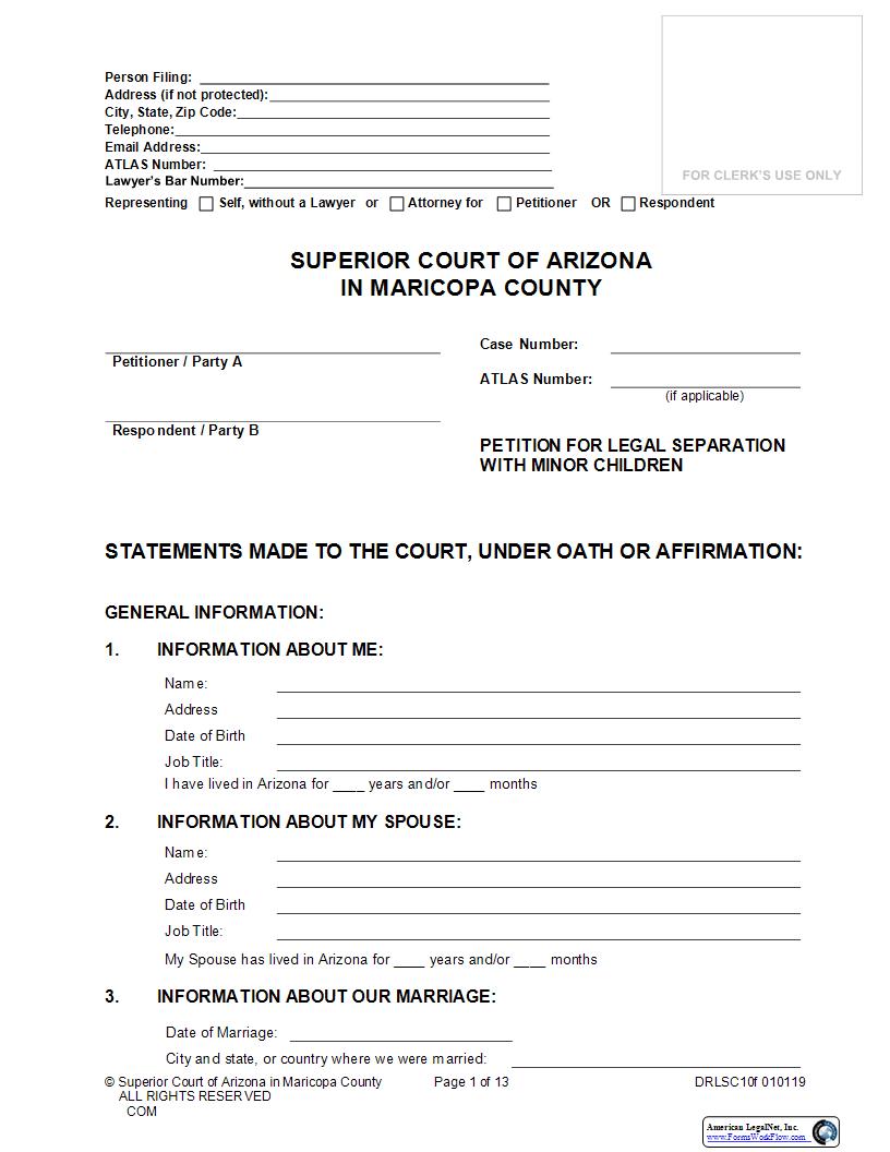 Petition For Legal Separation With Minor Children {DRLSC10f} | Pdf Fpdf Docx | Arizona