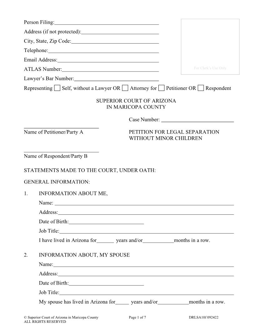 Petition For Legal Separation Without Children {DRLSA10f} | Pdf Fpdf Docx | Arizona