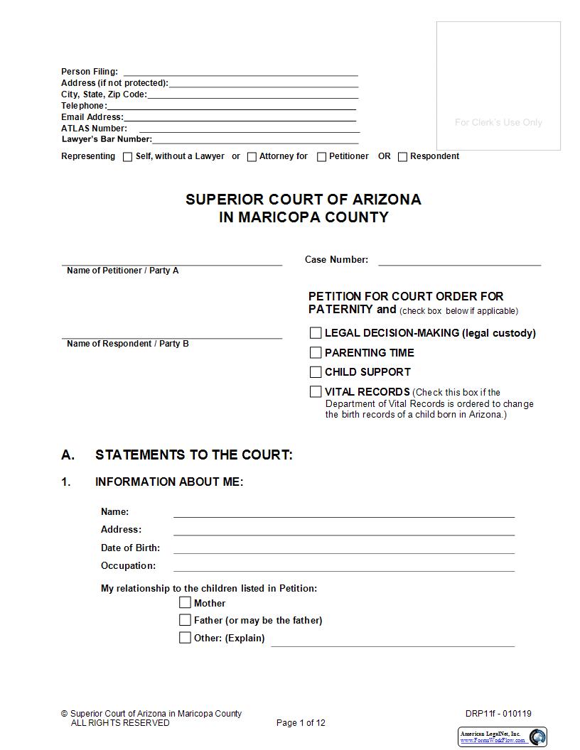 Petition For Paternity Child Custody Parenting Time And Child Support {DRP11f} | Pdf Fpdf Docx | Arizona